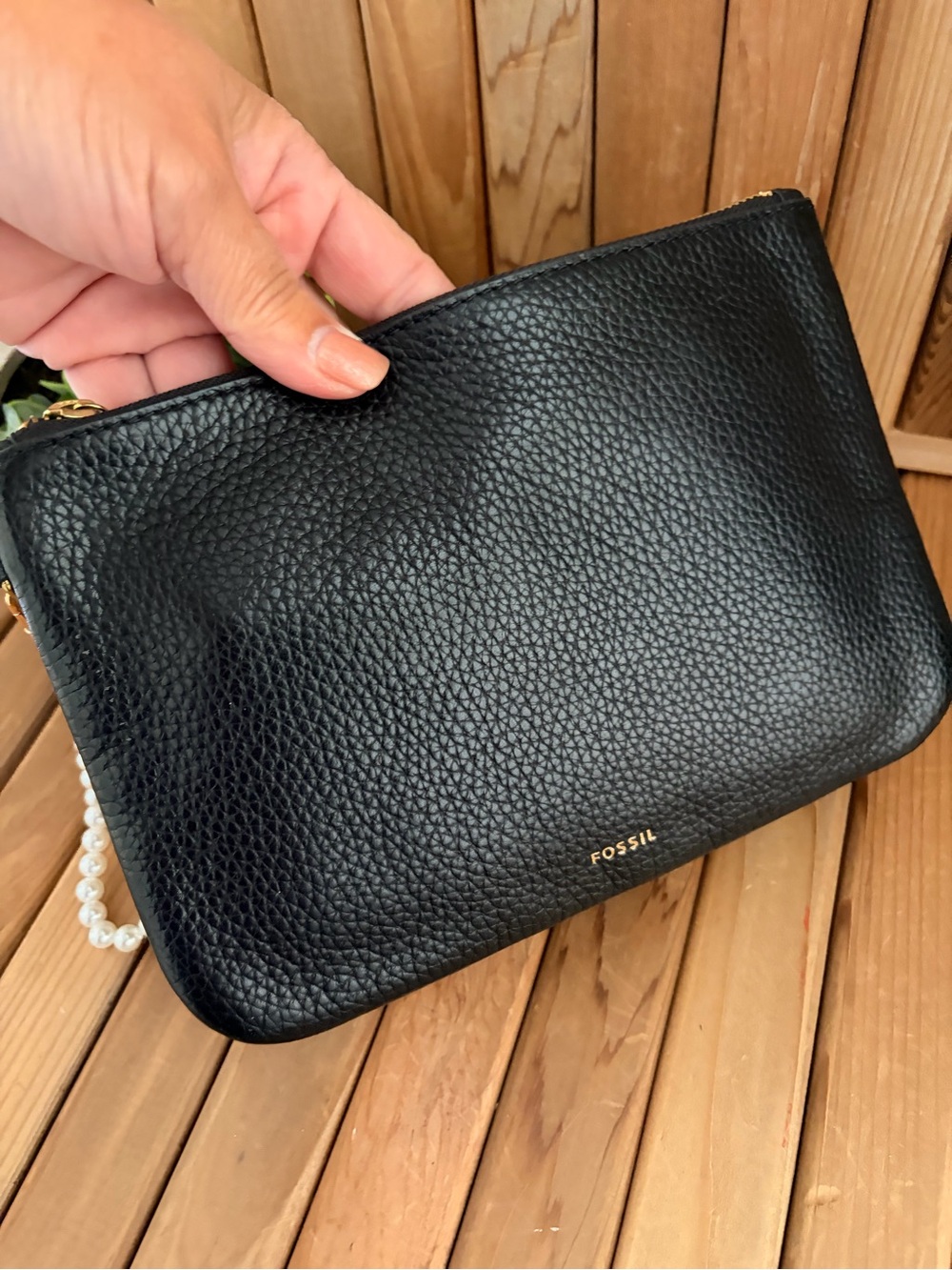 Fossil Black Leather Wristlet + Pearl Flower Wristlet Charm